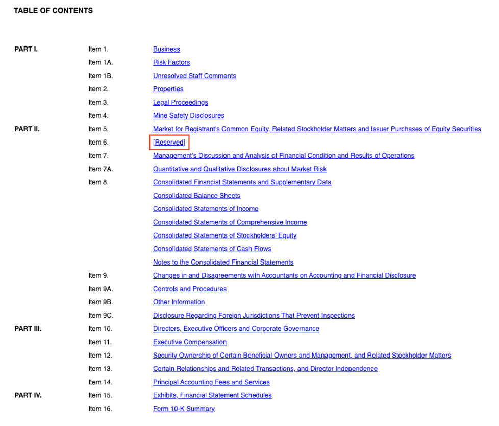 Annual report table of contents