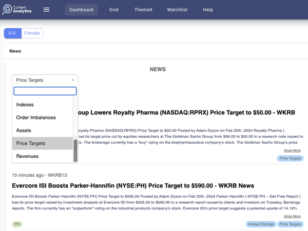 "Price Targets" classification to exclusively stream articles relevant to that topic